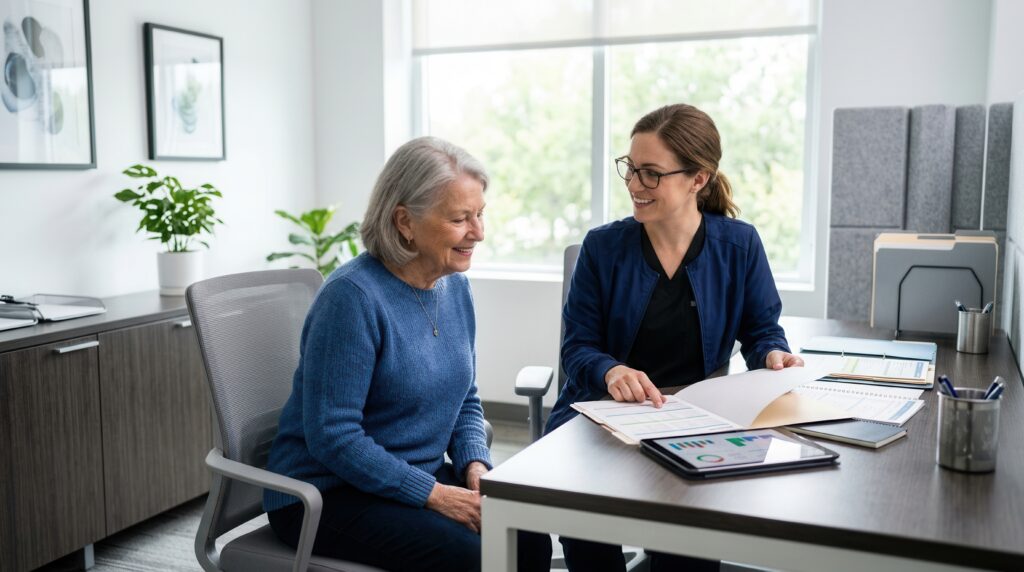 Older adult reviewing a study visit calendar with a research coordinator.