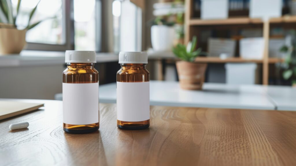 Two identical study medication bottles labeled only with code numbers.